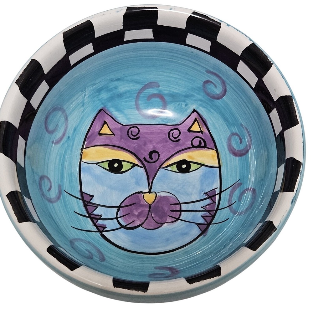Milson & Louis Whimsical Ceramic Bowl Blue Cat Face Hand Painted Checkered Rim